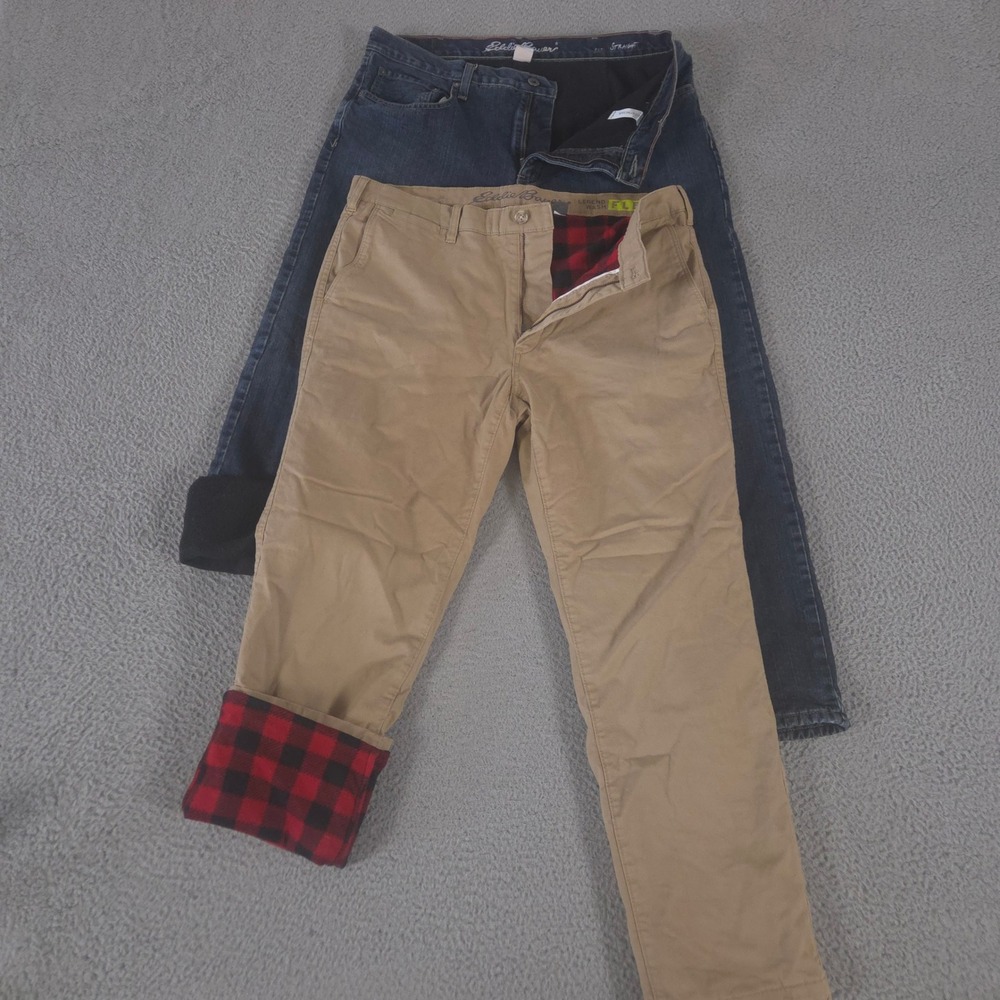 LOT OF 2 Eddie Bauer Pants Mens 36x30 Multi Flex Slim Fleece-Lined Cotton Warm